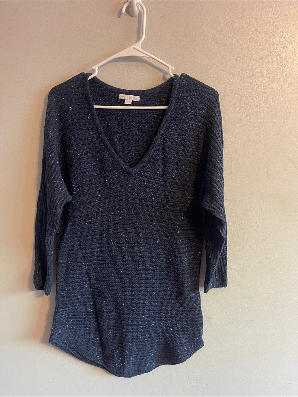 New York & Company Navy V-Neck Ribbed Knit Sweater
